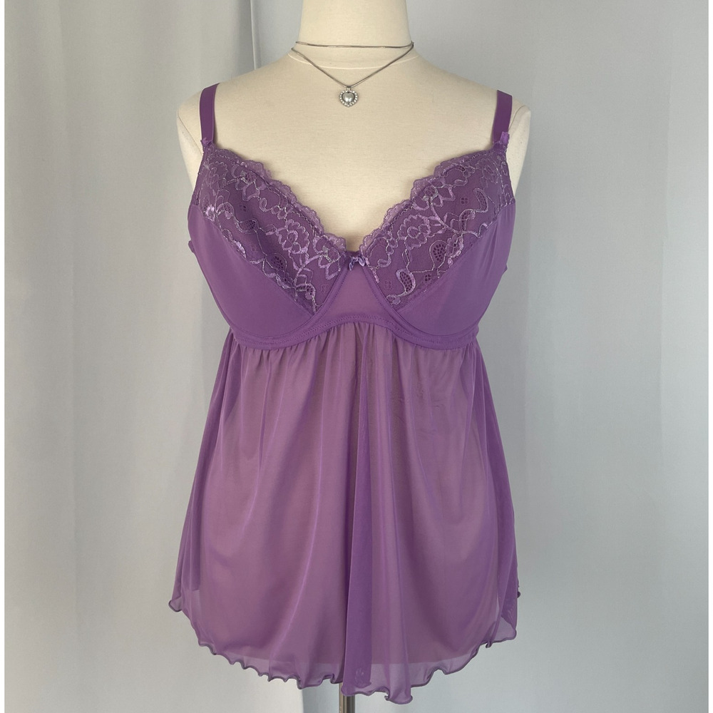 Babydoll Cami Plus Size 2X Purple Sheer Lace Mesh Teddy Lingerie Fairy Coquette
